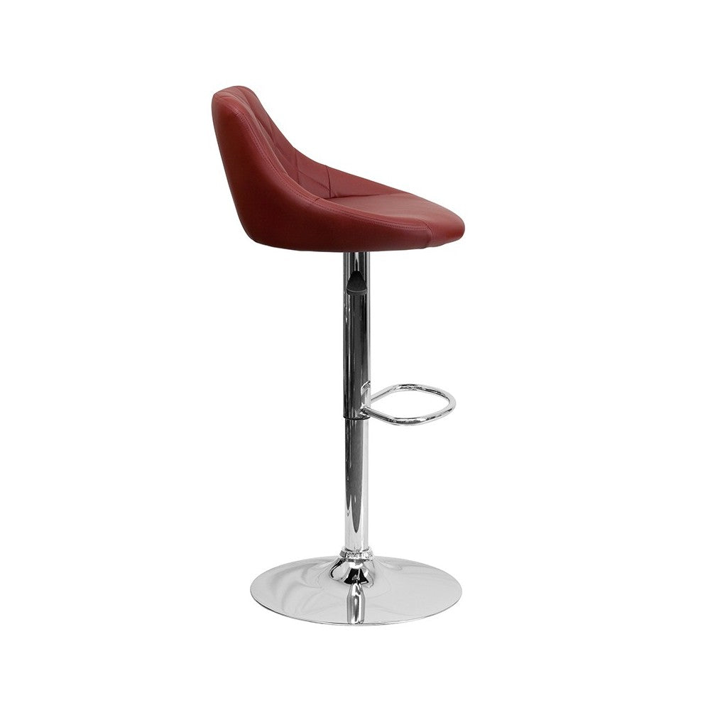 Contemporary Burgundy Vinyl Bucket Seat Adjustable Height Barstool with Diamond Pattern Back and Chrome Base