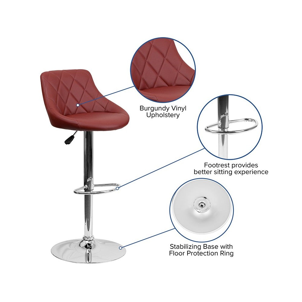 Contemporary Burgundy Vinyl Bucket Seat Adjustable Height Barstool with Diamond Pattern Back and Chrome Base