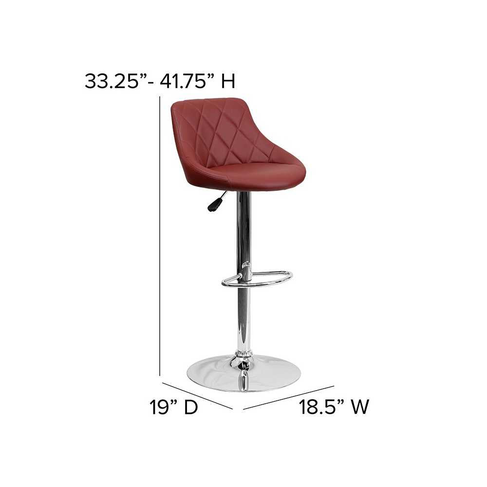 Contemporary Burgundy Vinyl Bucket Seat Adjustable Height Barstool with Diamond Pattern Back and Chrome Base