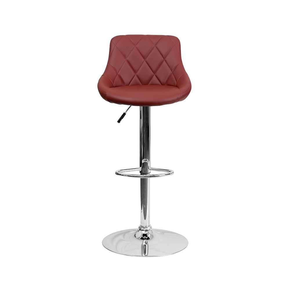 Contemporary Burgundy Vinyl Bucket Seat Adjustable Height Barstool with Diamond Pattern Back and Chrome Base