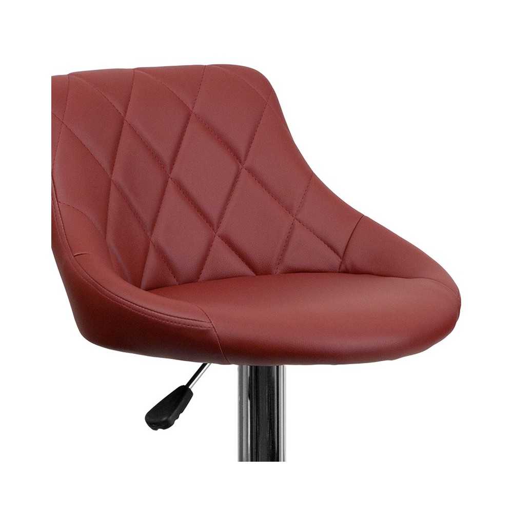 Contemporary Burgundy Vinyl Bucket Seat Adjustable Height Barstool with Diamond Pattern Back and Chrome Base