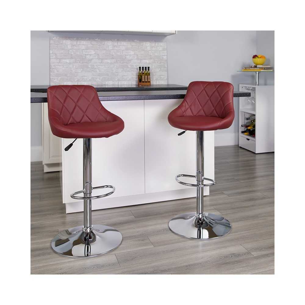 Contemporary Burgundy Vinyl Bucket Seat Adjustable Height Barstool with Diamond Pattern Back and Chrome Base