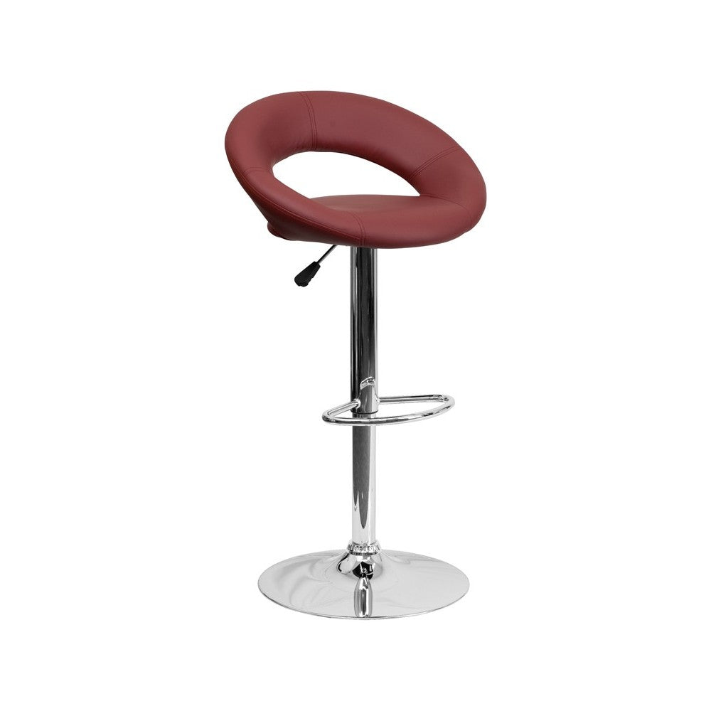 Contemporary Burgundy Vinyl Rounded Orbit-Style Back Adjustable Height Barstool with Chrome Base