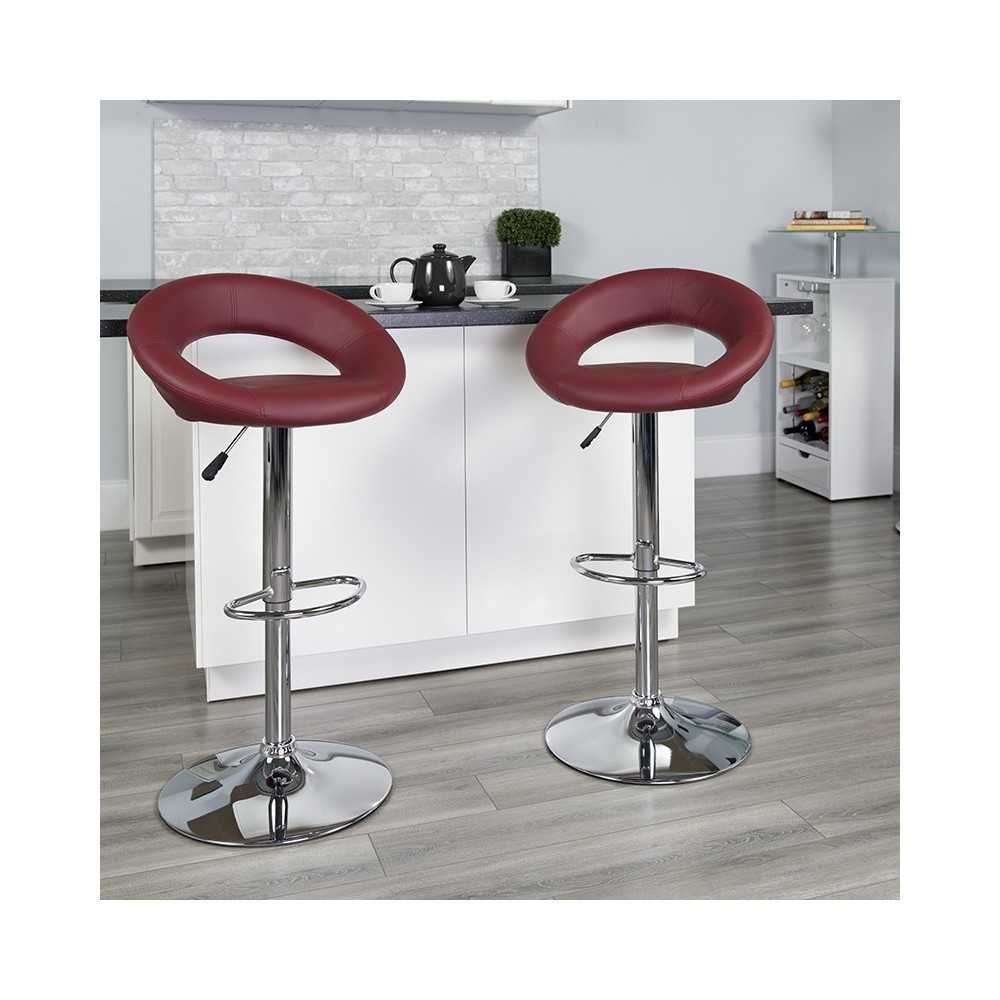 Contemporary Burgundy Vinyl Rounded Orbit-Style Back Adjustable Height Barstool with Chrome Base