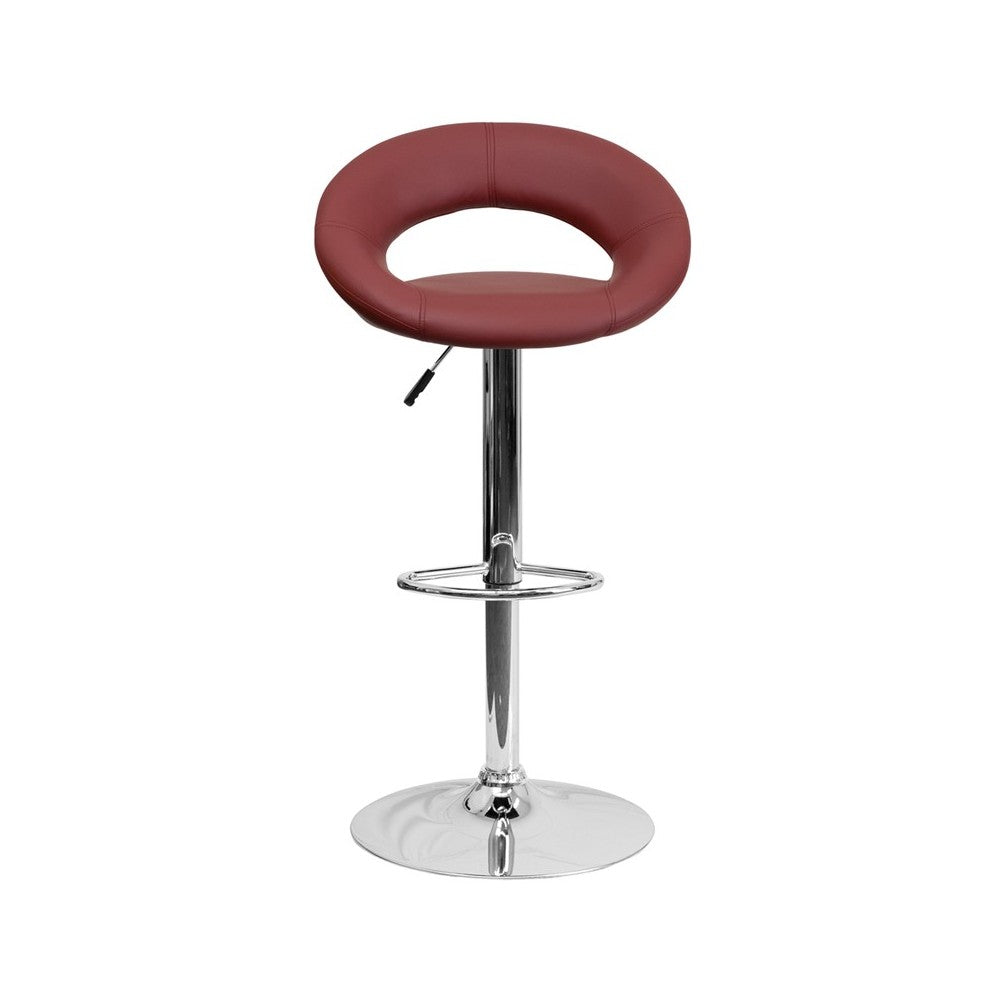 Contemporary Burgundy Vinyl Rounded Orbit-Style Back Adjustable Height Barstool with Chrome Base