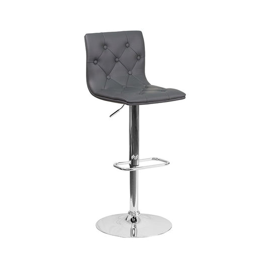 Contemporary Button Tufted Gray Vinyl Adjustable Height Barstool with Chrome Base