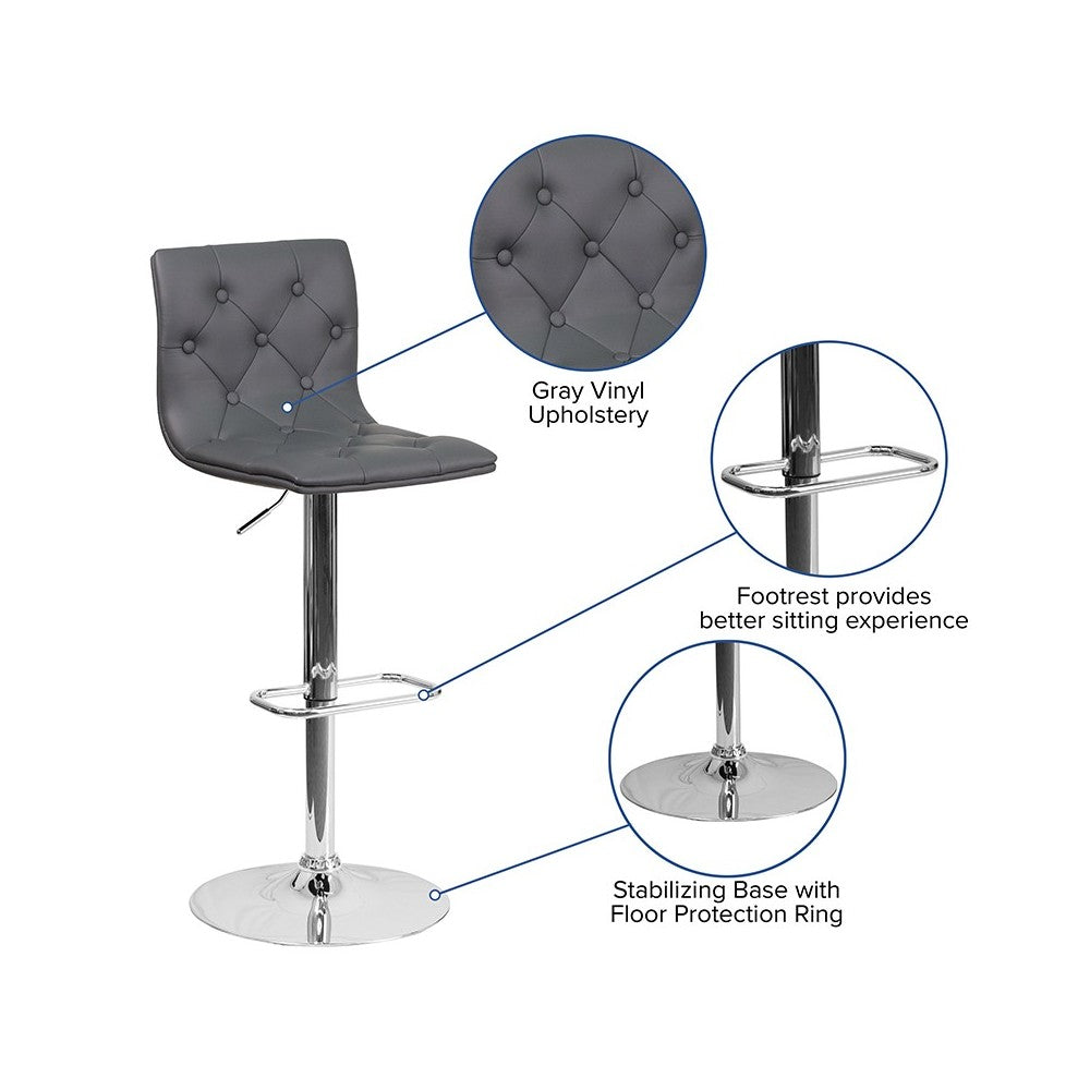 Contemporary Button Tufted Gray Vinyl Adjustable Height Barstool with Chrome Base