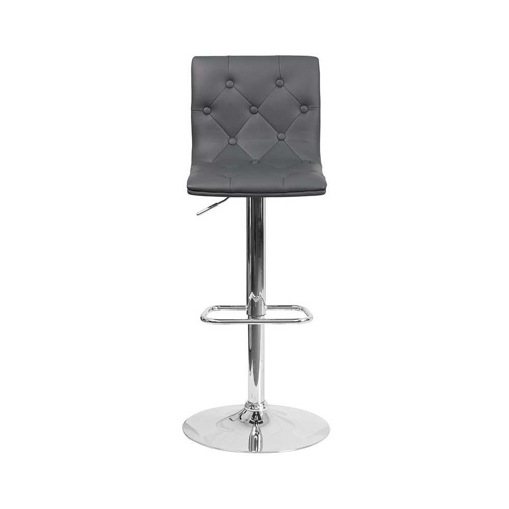 Contemporary Button Tufted Gray Vinyl Adjustable Height Barstool with Chrome Base