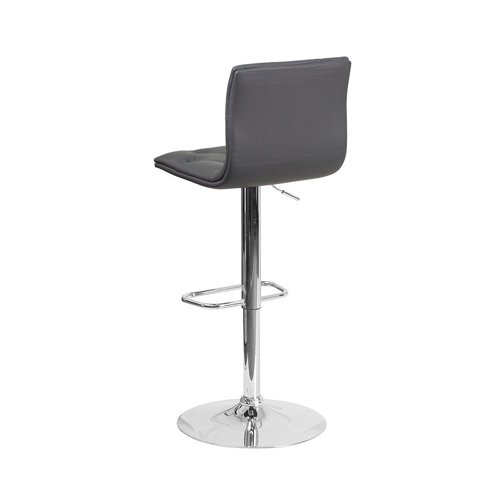 Contemporary Button Tufted Gray Vinyl Adjustable Height Barstool with Chrome Base