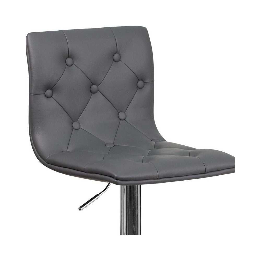 Contemporary Button Tufted Gray Vinyl Adjustable Height Barstool with Chrome Base