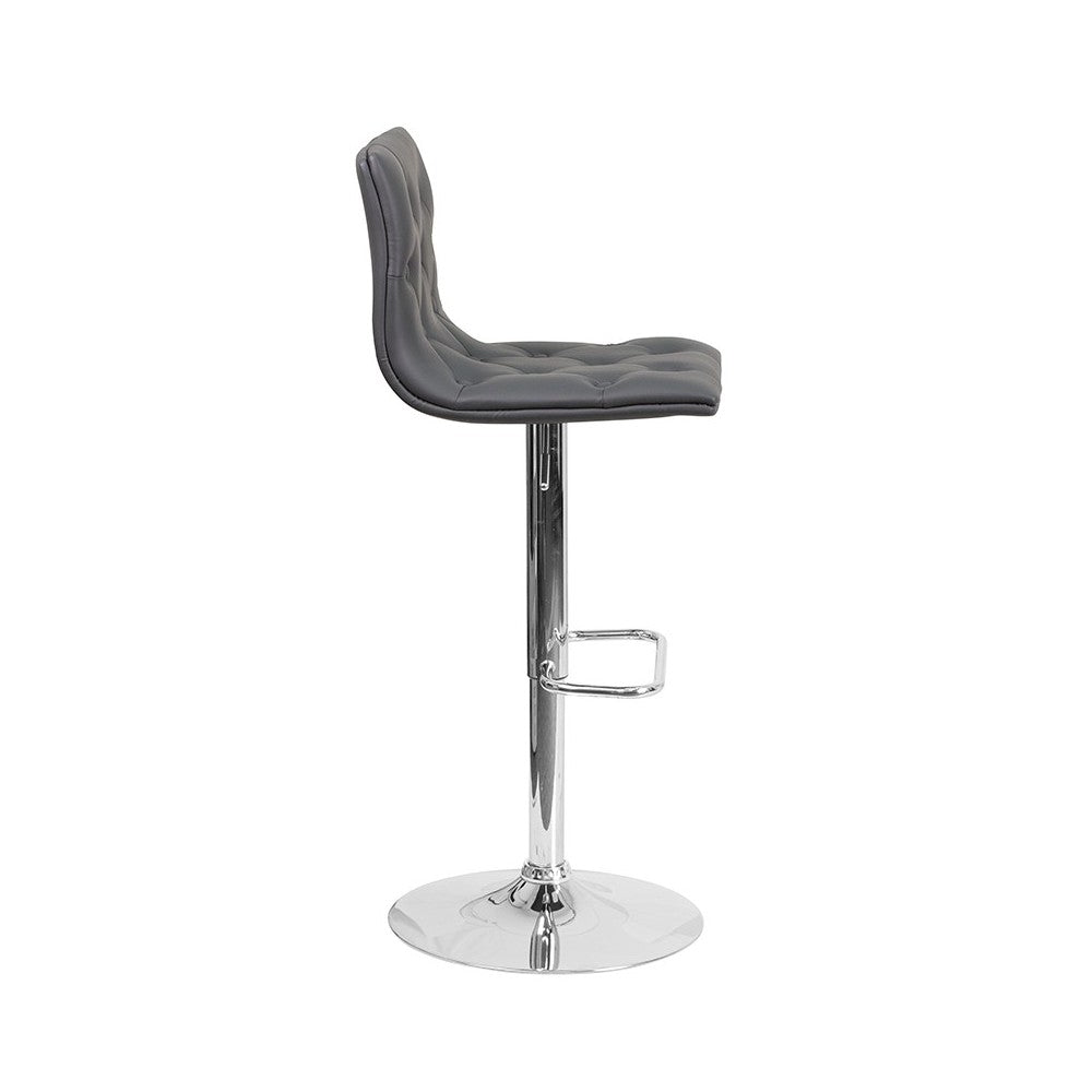 Contemporary Button Tufted Gray Vinyl Adjustable Height Barstool with Chrome Base