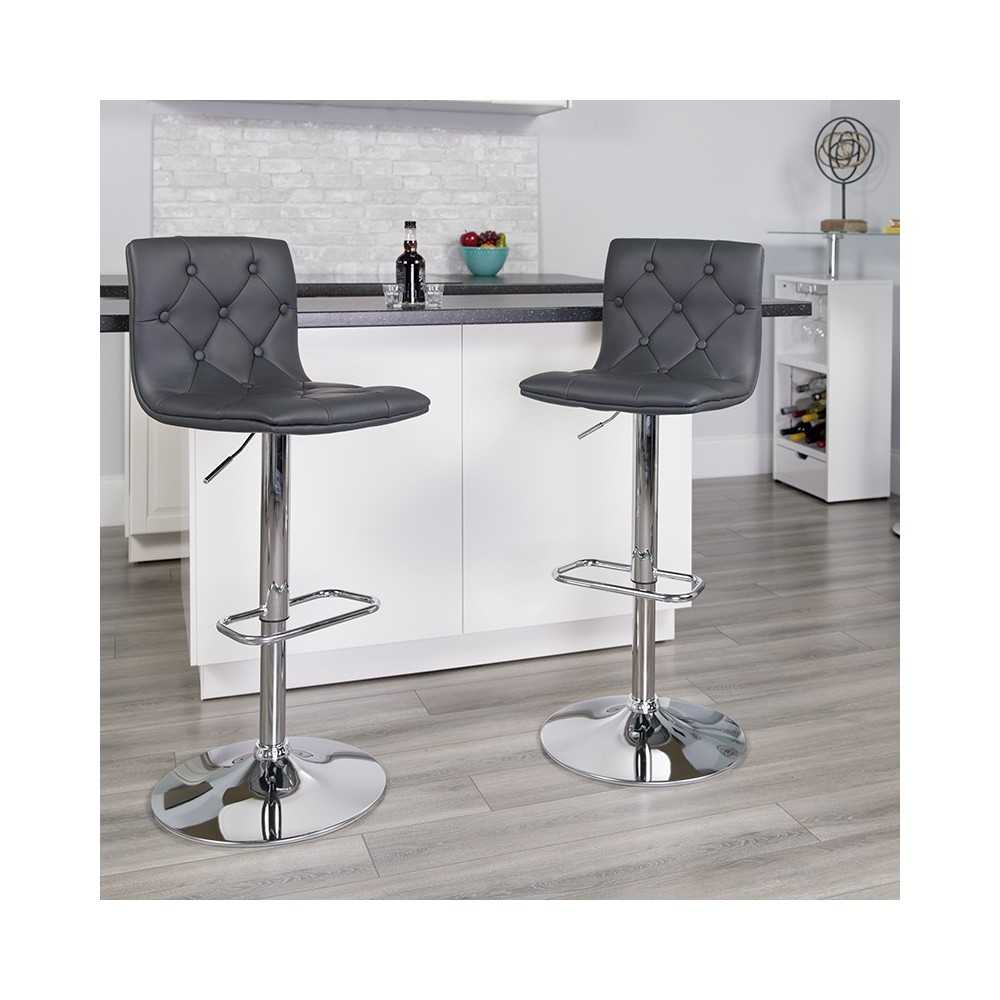 Contemporary Button Tufted Gray Vinyl Adjustable Height Barstool with Chrome Base