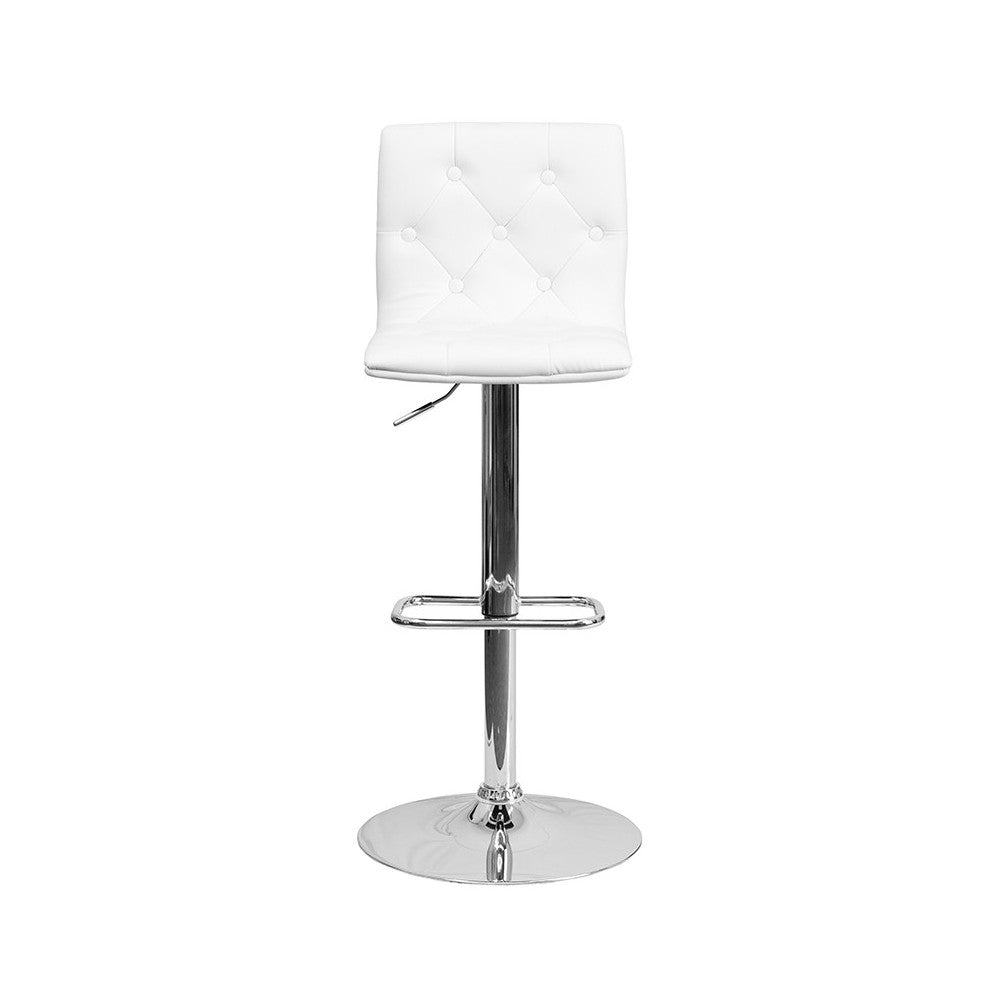 Contemporary Button Tufted White Vinyl Adjustable Height Barstool with Chrome Base