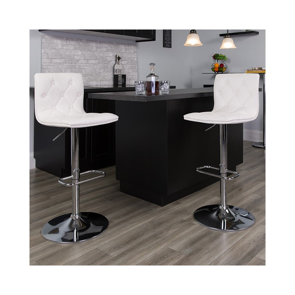 Contemporary Button Tufted White Vinyl Adjustable Height Barstool with Chrome Base