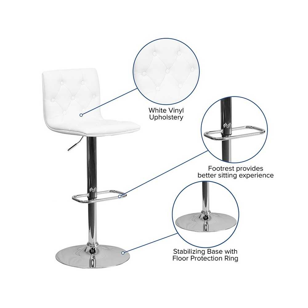 Contemporary Button Tufted White Vinyl Adjustable Height Barstool with Chrome Base