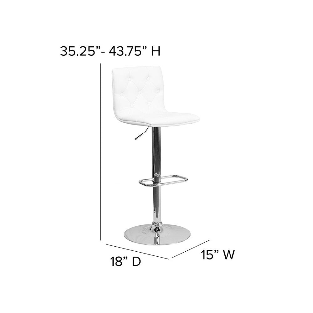 Contemporary Button Tufted White Vinyl Adjustable Height Barstool with Chrome Base