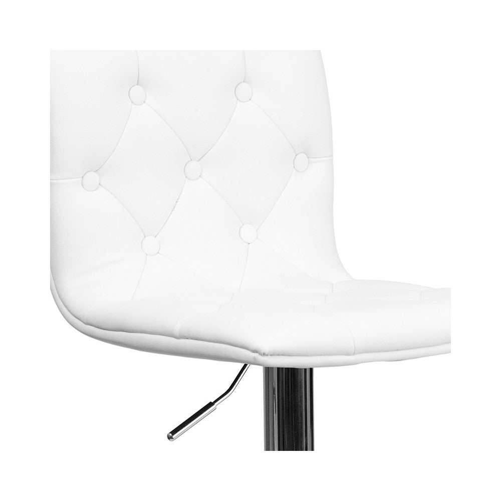 Contemporary Button Tufted White Vinyl Adjustable Height Barstool with Chrome Base