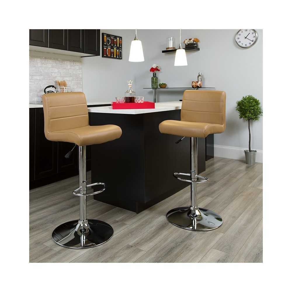 Contemporary Cappuccino Vinyl Adjustable Height Barstool with Rolled Seat and Chrome Base