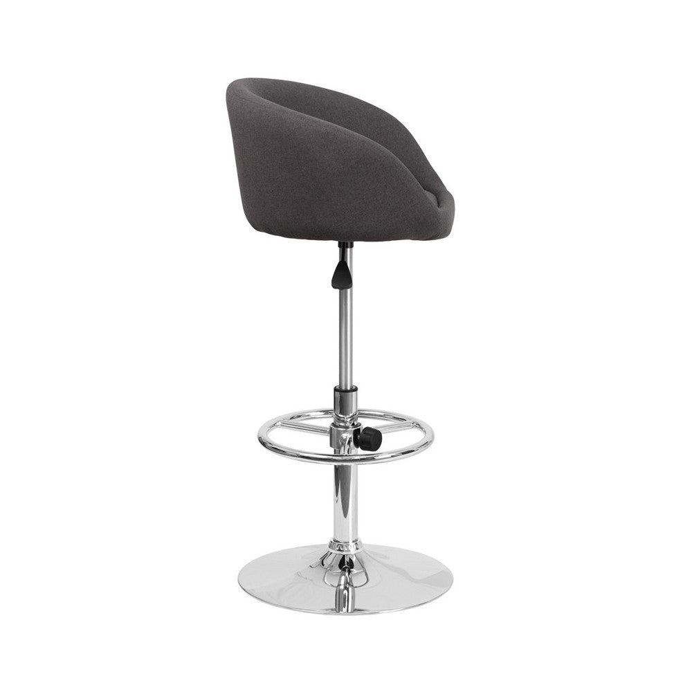 Contemporary Charcoal Fabric Adjustable Height Barstool with Barrel Back and Chrome Base