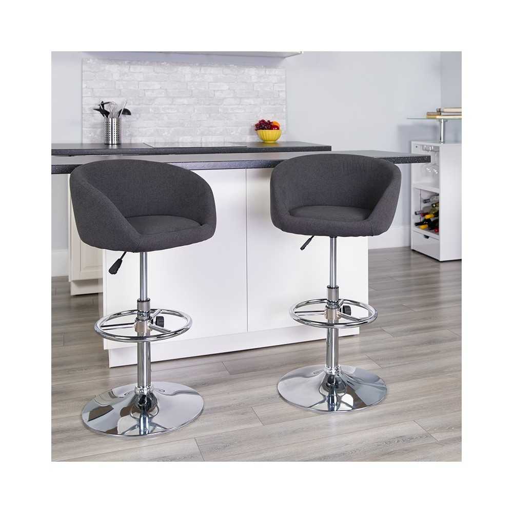 Contemporary Charcoal Fabric Adjustable Height Barstool with Barrel Back and Chrome Base