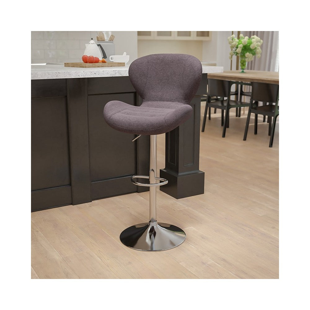 Contemporary Charcoal Fabric Adjustable Height Barstool with Curved Back and Chrome Base