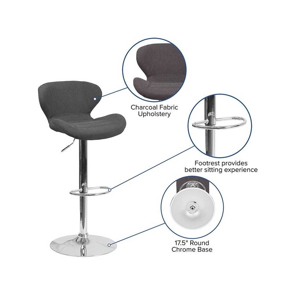 Contemporary Charcoal Fabric Adjustable Height Barstool with Curved Back and Chrome Base
