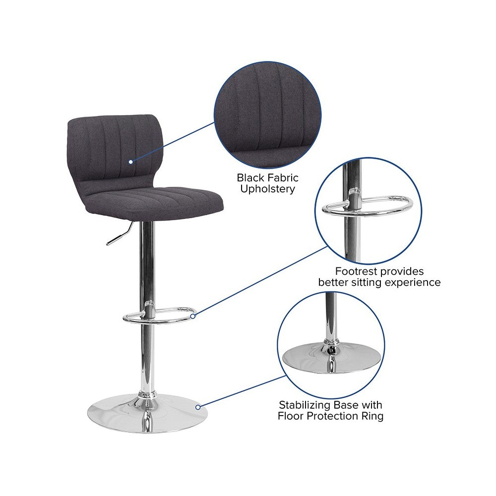 Contemporary Charcoal Fabric Adjustable Height Barstool with Vertical Stitch Back and Chrome Base