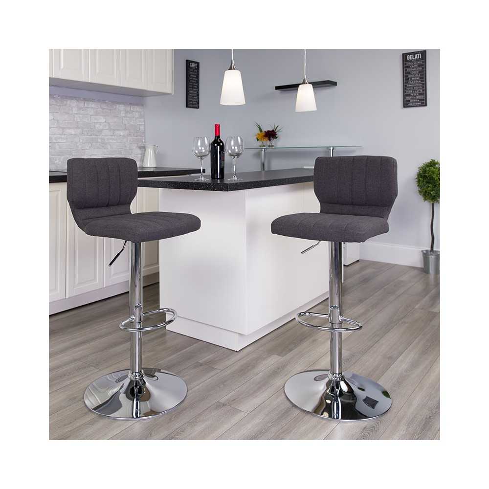 Contemporary Charcoal Fabric Adjustable Height Barstool with Vertical Stitch Back and Chrome Base