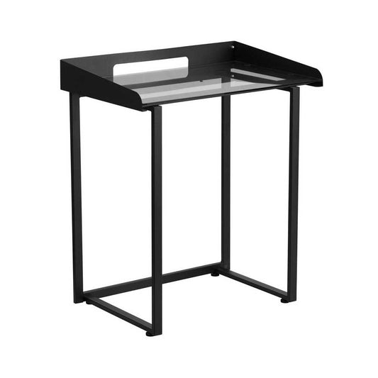 Contemporary Clear Tempered Glass Desk with Raised Cable Management Border and Black Metal Frame