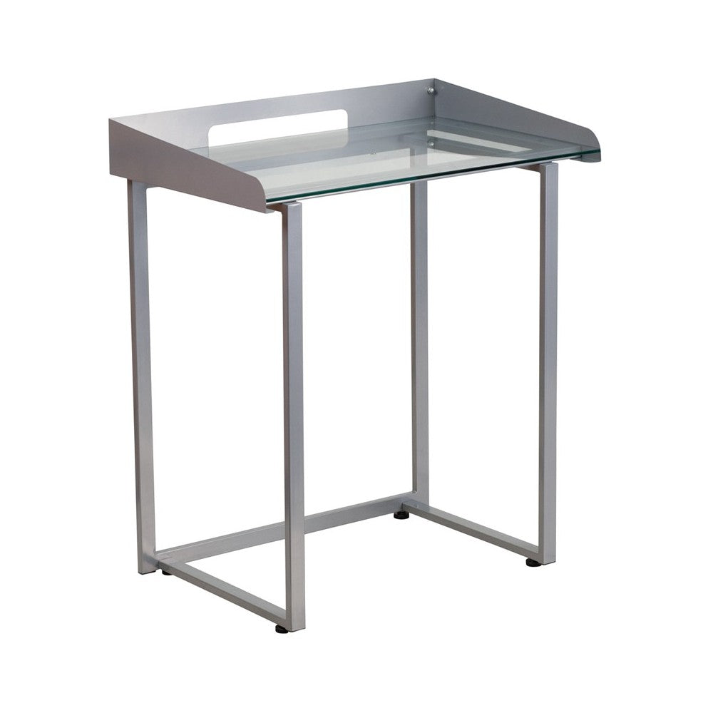 Contemporary Clear Tempered Glass Desk with Raised Cable Management Border and Silver Metal Frame