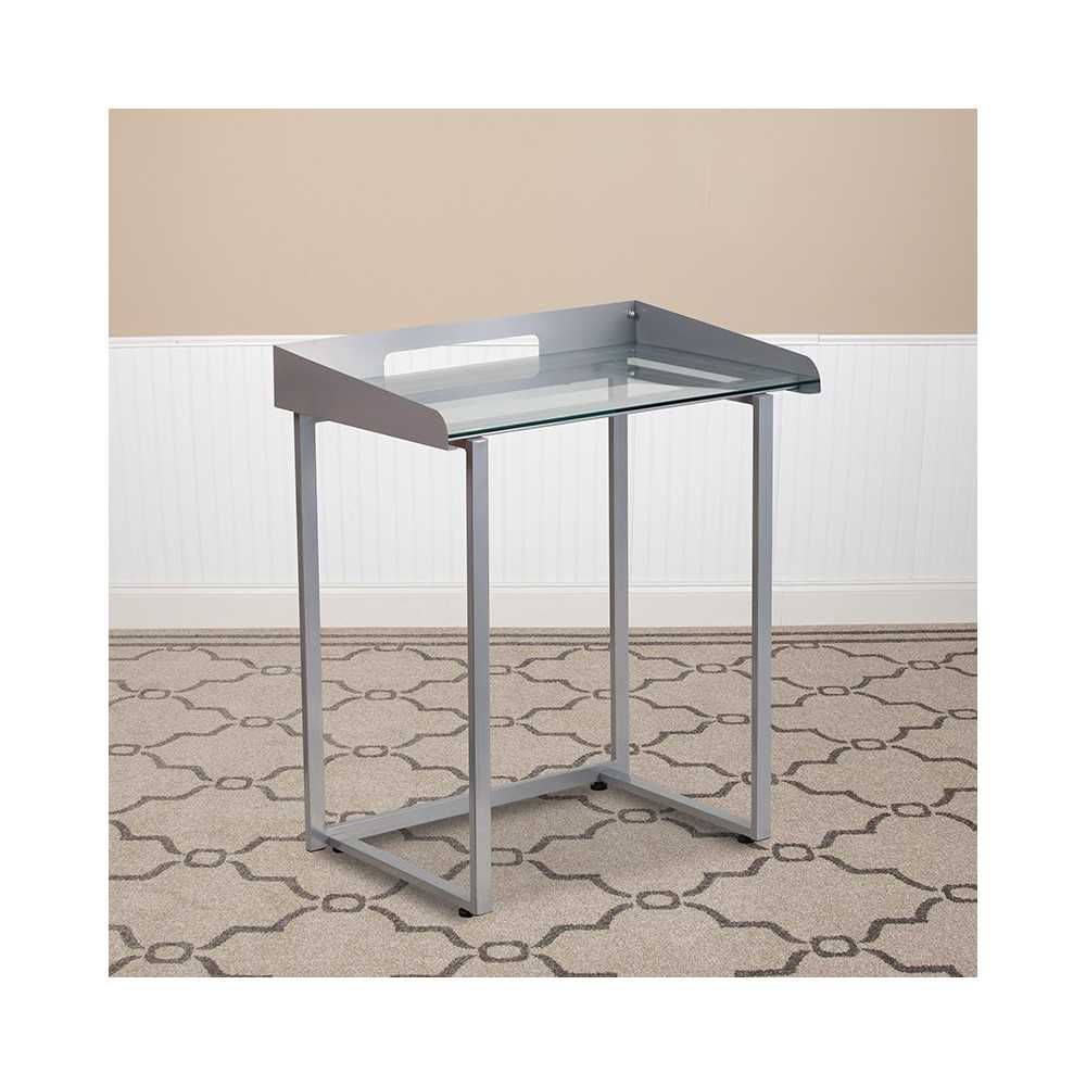 Contemporary Clear Tempered Glass Desk with Raised Cable Management Border and Silver Metal Frame