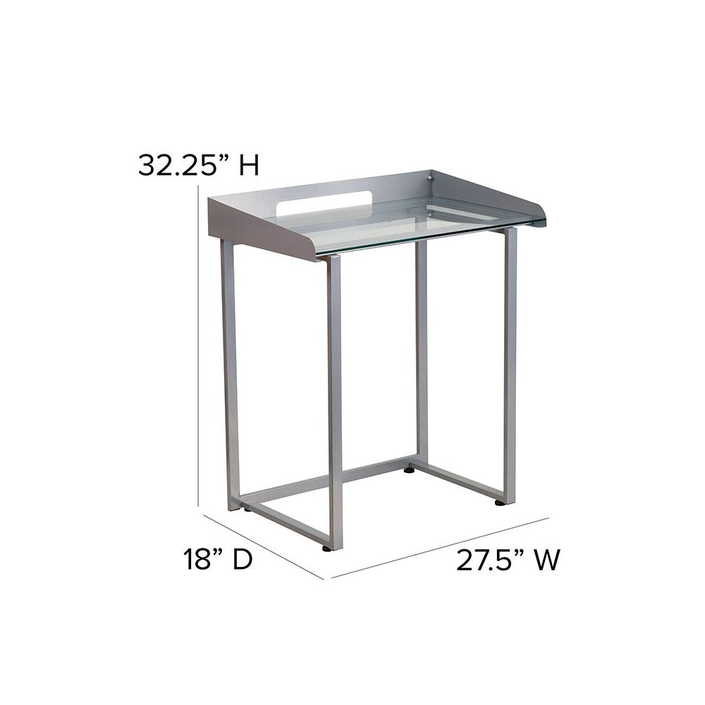 Contemporary Clear Tempered Glass Desk with Raised Cable Management Border and Silver Metal Frame