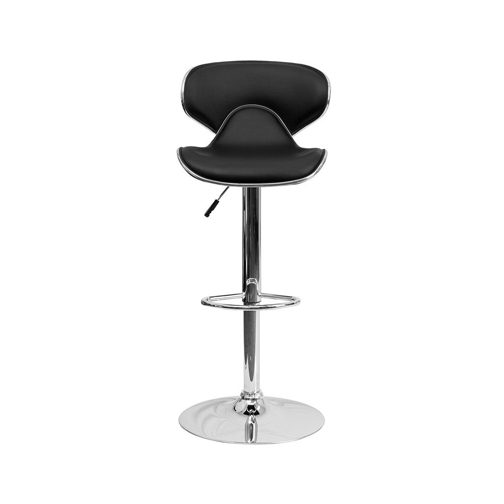 Contemporary Cozy Mid-Back Black Vinyl Adjustable Height Barstool with Chrome Base