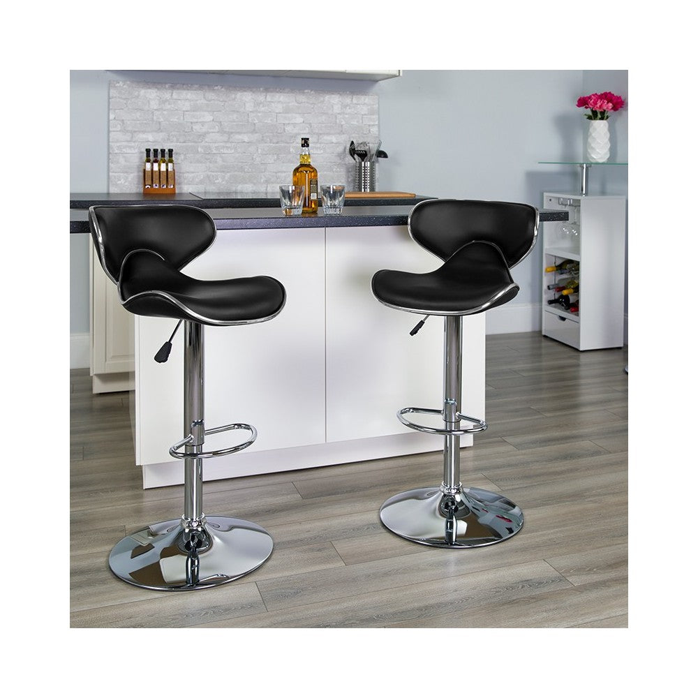 Contemporary Cozy Mid-Back Black Vinyl Adjustable Height Barstool with Chrome Base