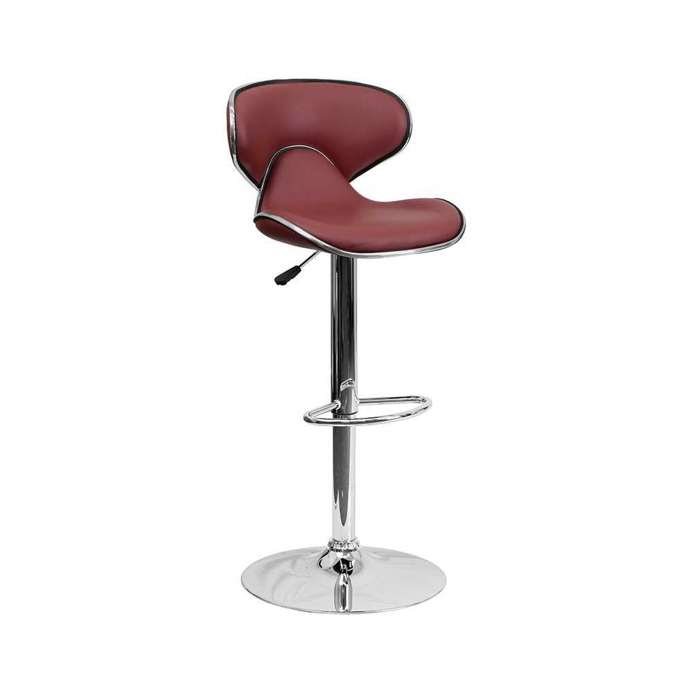 Contemporary Cozy Mid-Back Burgundy Vinyl Adjustable Height Barstool with Chrome Base