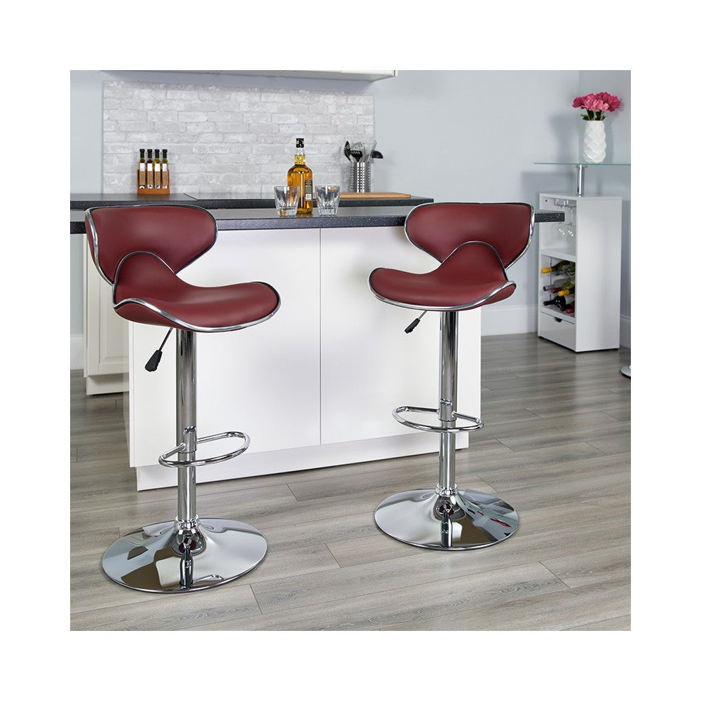 Contemporary Cozy Mid-Back Burgundy Vinyl Adjustable Height Barstool with Chrome Base