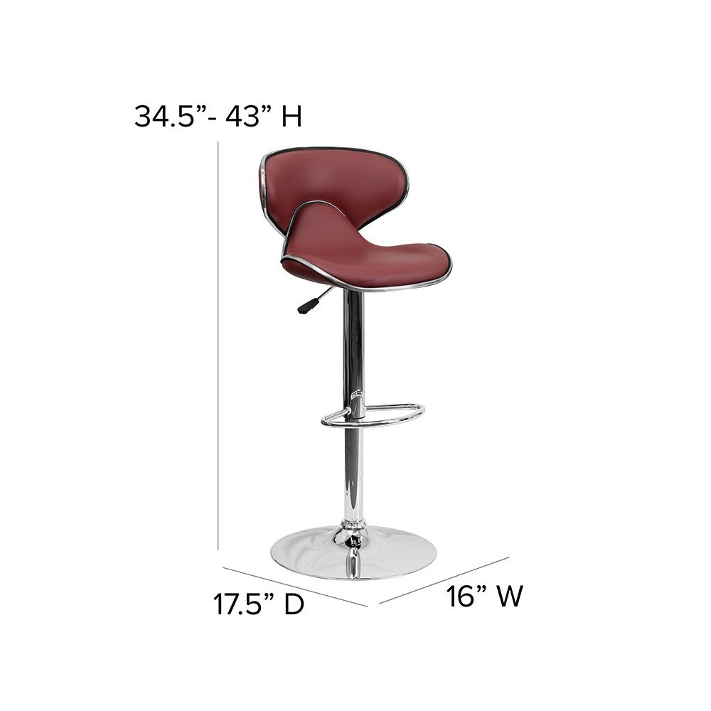 Contemporary Cozy Mid-Back Burgundy Vinyl Adjustable Height Barstool with Chrome Base