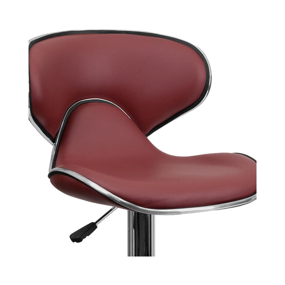 Contemporary Cozy Mid-Back Burgundy Vinyl Adjustable Height Barstool with Chrome Base