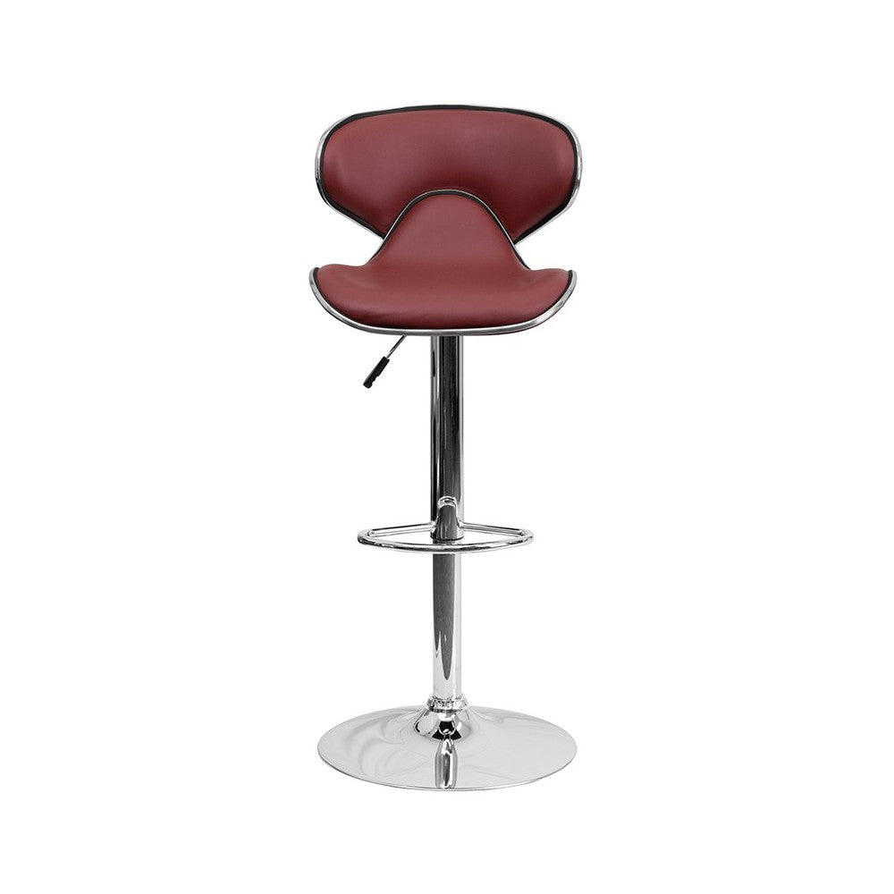 Contemporary Cozy Mid-Back Burgundy Vinyl Adjustable Height Barstool with Chrome Base