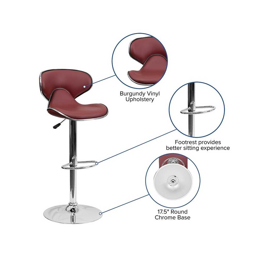 Contemporary Cozy Mid-Back Burgundy Vinyl Adjustable Height Barstool with Chrome Base