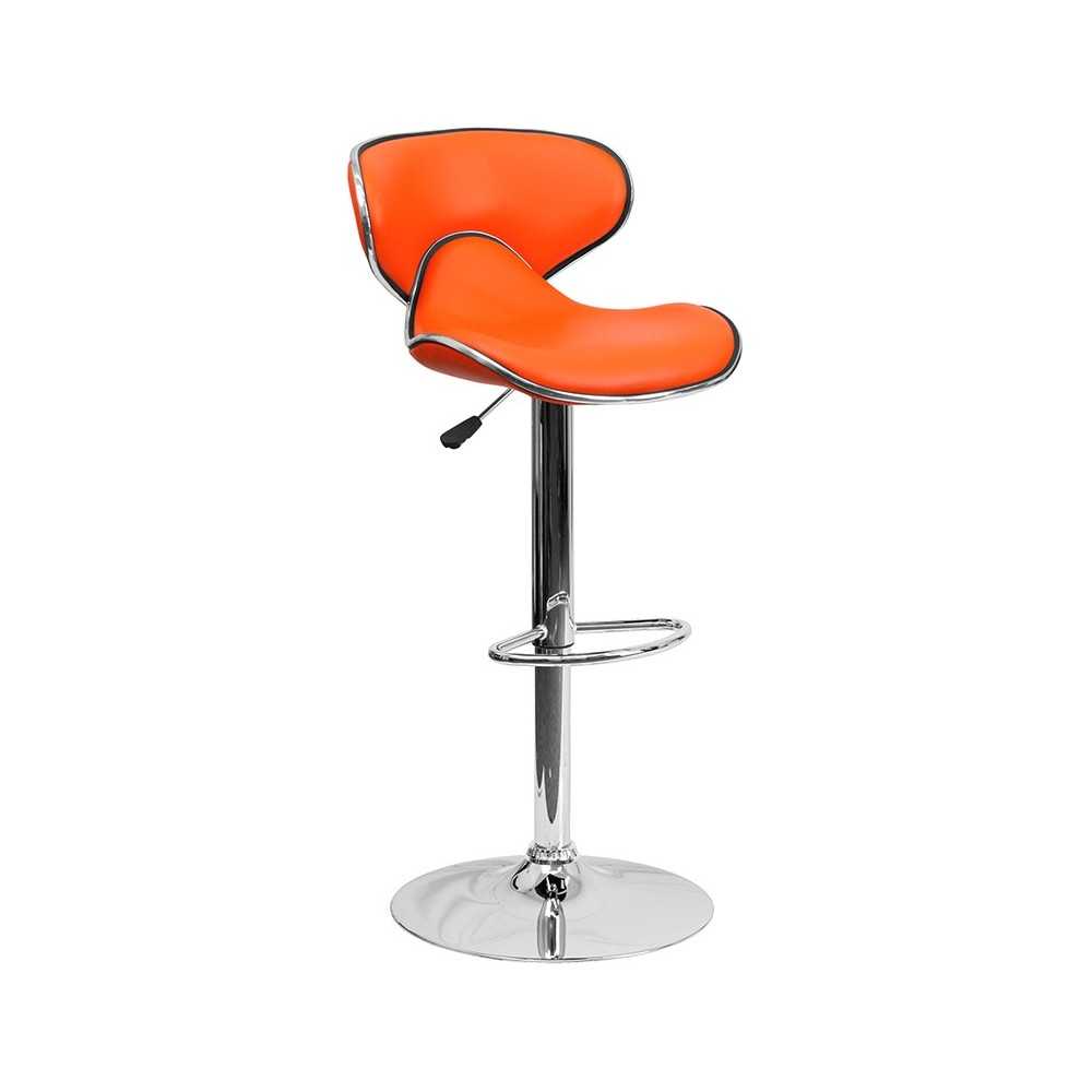 Contemporary Cozy Mid-Back Orange Vinyl Adjustable Height Barstool with Chrome Base