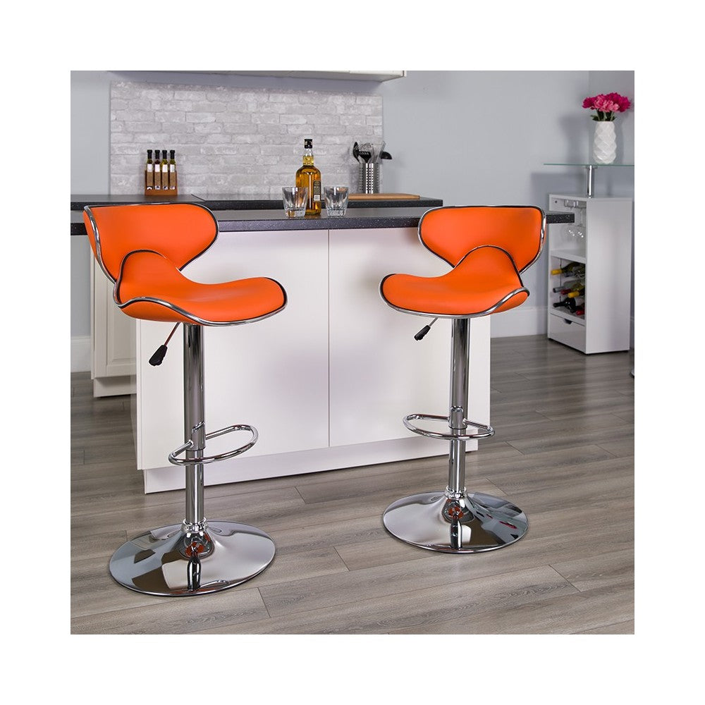 Contemporary Cozy Mid-Back Orange Vinyl Adjustable Height Barstool with Chrome Base