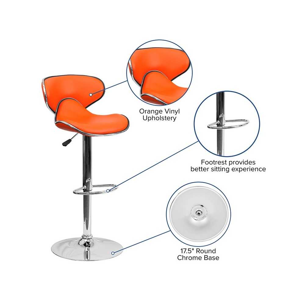 Contemporary Cozy Mid-Back Orange Vinyl Adjustable Height Barstool with Chrome Base