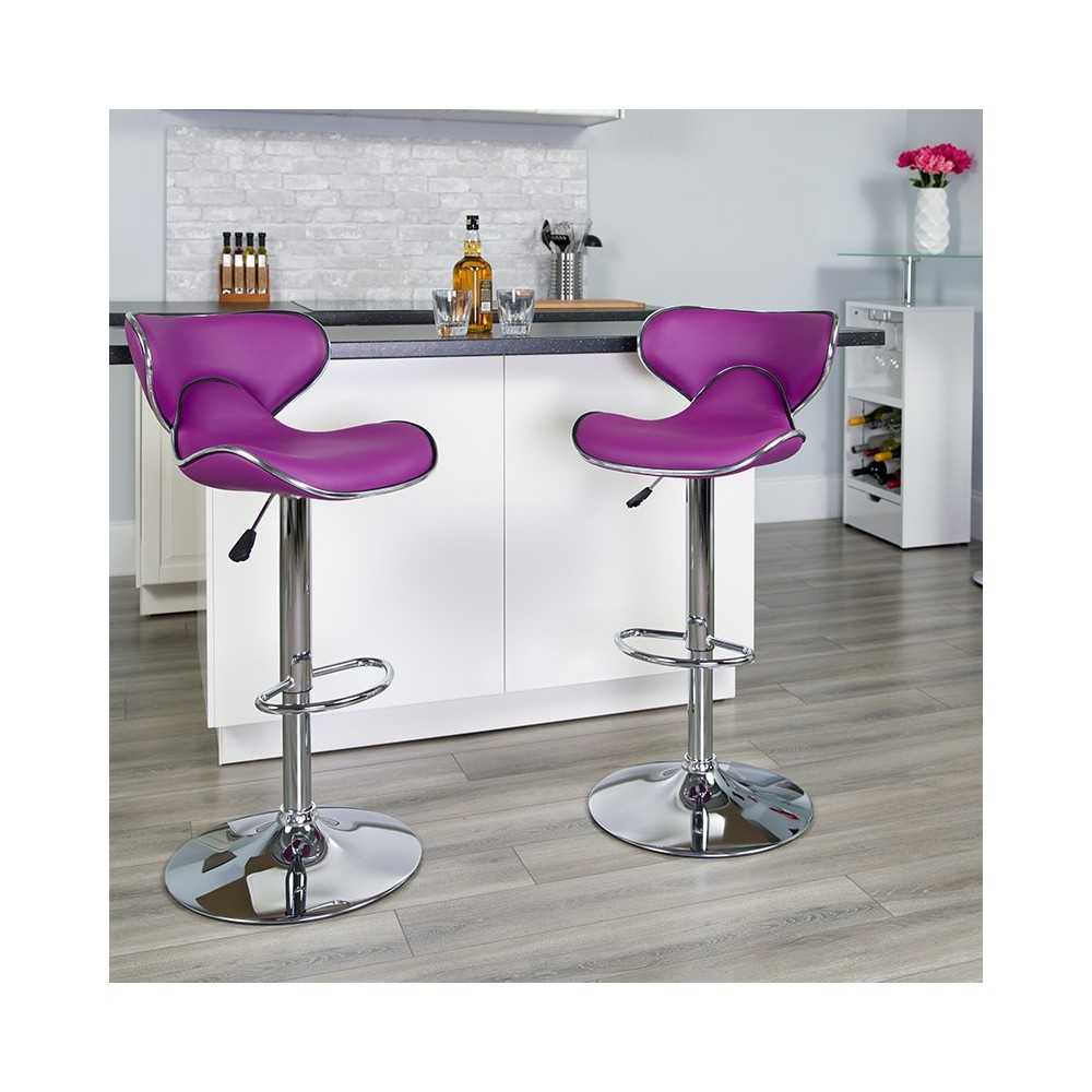 Contemporary Cozy Mid-Back Purple Vinyl Adjustable Height Barstool with Chrome Base