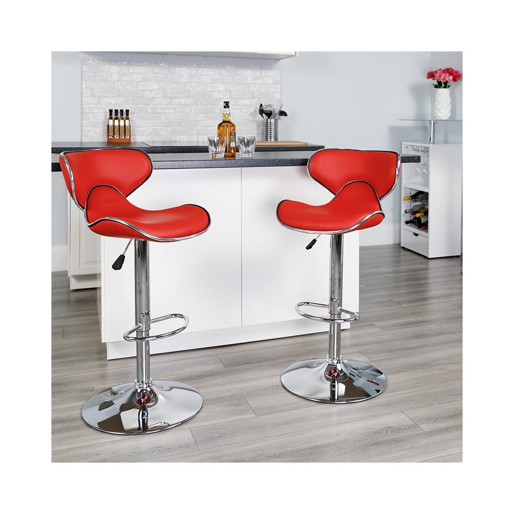 Contemporary Cozy Mid-Back Red Vinyl Adjustable Height Barstool with Chrome Base