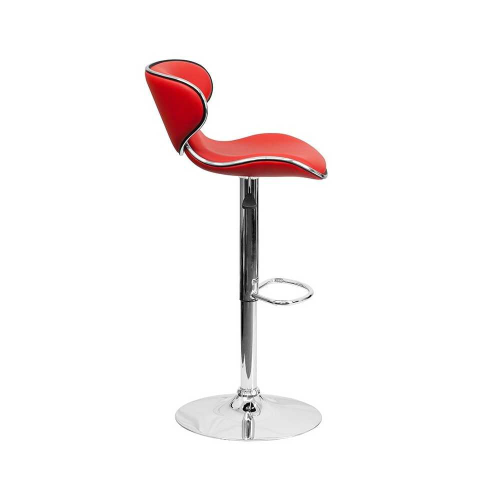 Contemporary Cozy Mid-Back Red Vinyl Adjustable Height Barstool with Chrome Base