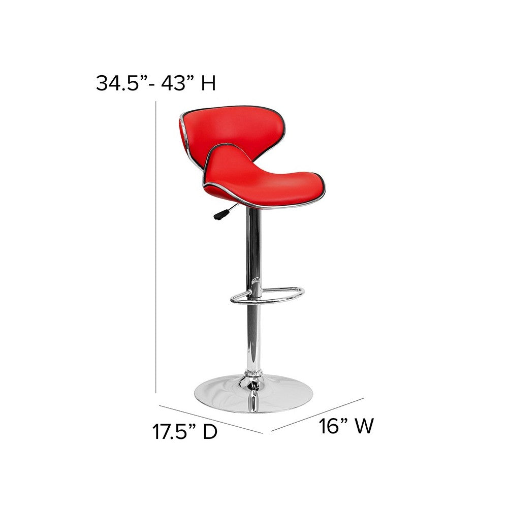 Contemporary Cozy Mid-Back Red Vinyl Adjustable Height Barstool with Chrome Base