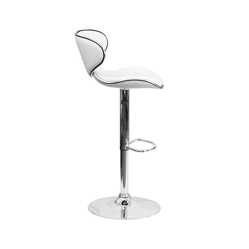 Contemporary Cozy Mid-Back White Vinyl Adjustable Height Barstool with Chrome Base