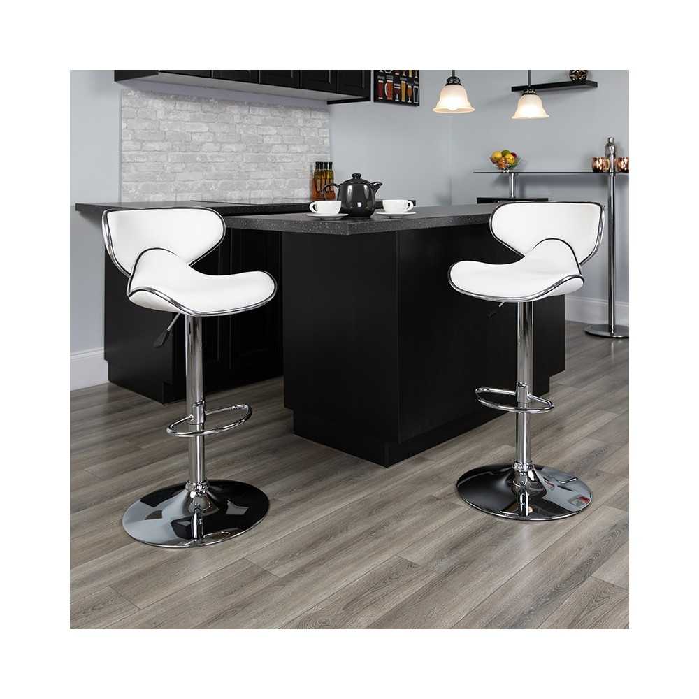 Contemporary Cozy Mid-Back White Vinyl Adjustable Height Barstool with Chrome Base