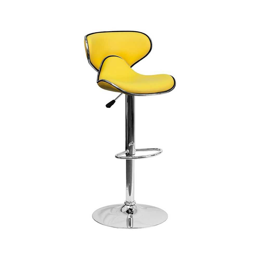 Contemporary Cozy Mid-Back Yellow Vinyl Adjustable Height Barstool with Chrome Base